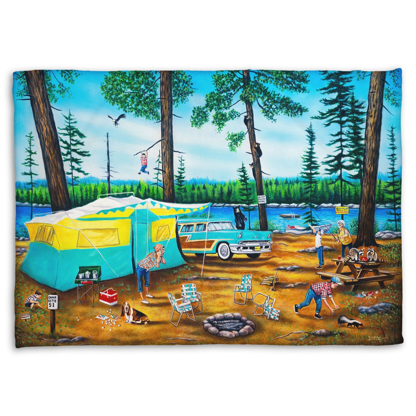 A coral fleece throw blanket designed with a painting of a family camping trip gone awry. The campsite is bombarded by bears, raccoons, and skunks while the children dangle from trees, play in poison ivy, and chase the wild animals.
