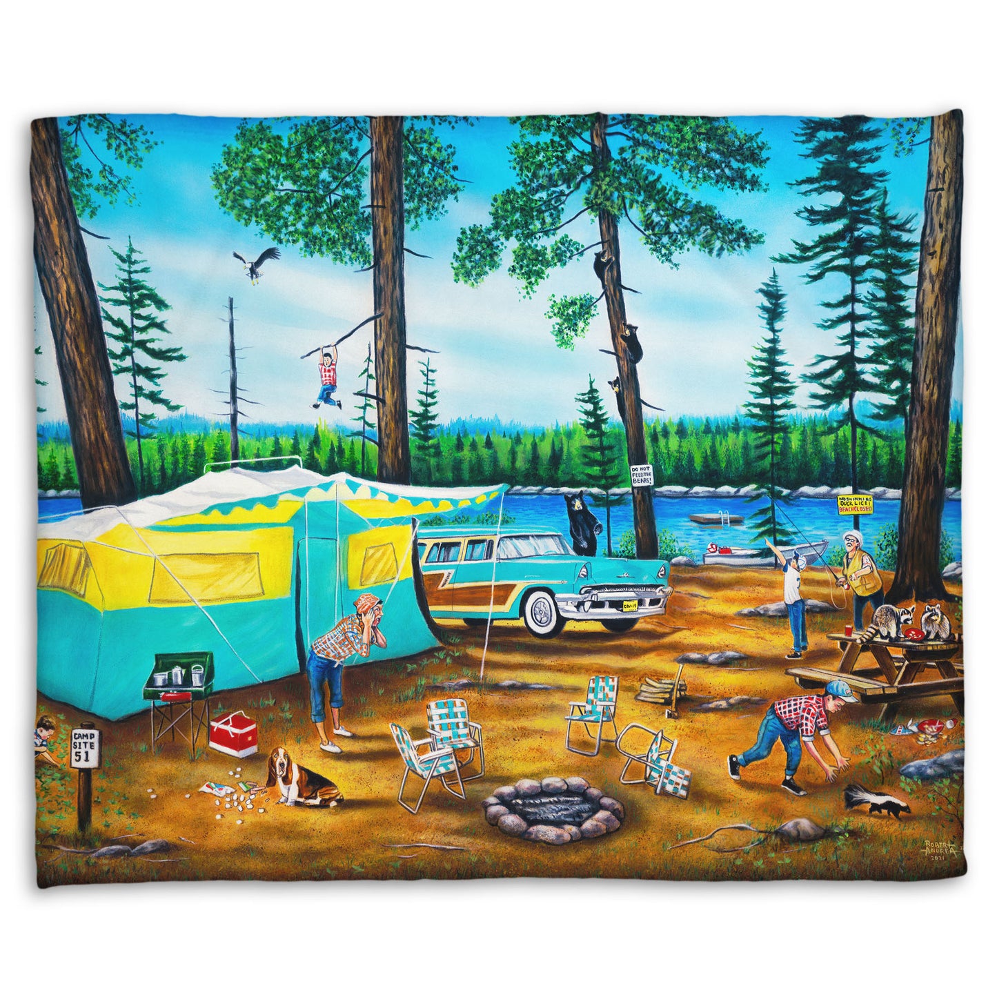 A coral fleece throw blanket designed with a painting of a family camping trip gone awry. The campsite is bombarded by bears, raccoons, and skunks while the children dangle from trees, play in poison ivy, and chase the wild animals.