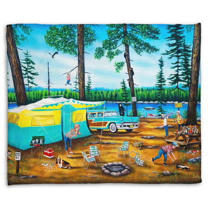 A coral fleece throw blanket designed with a painting of a family camping trip gone awry. The campsite is bombarded by bears, raccoons, and skunks while the children dangle from trees, play in poison ivy, and chase the wild animals.