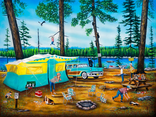 A painting of a family camping trip gone awry. The campsite is bombarded by bears, raccoons, and skunks while the children dangle from trees, play in poison ivy, and chase the wild animals. 