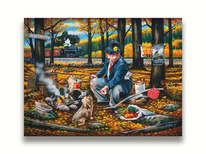 A painting of a man sitting on a log at a campfire in the woods strewn with fall leaves. He is feeding a little dog. A train is passing in the background. Printed on canvas.