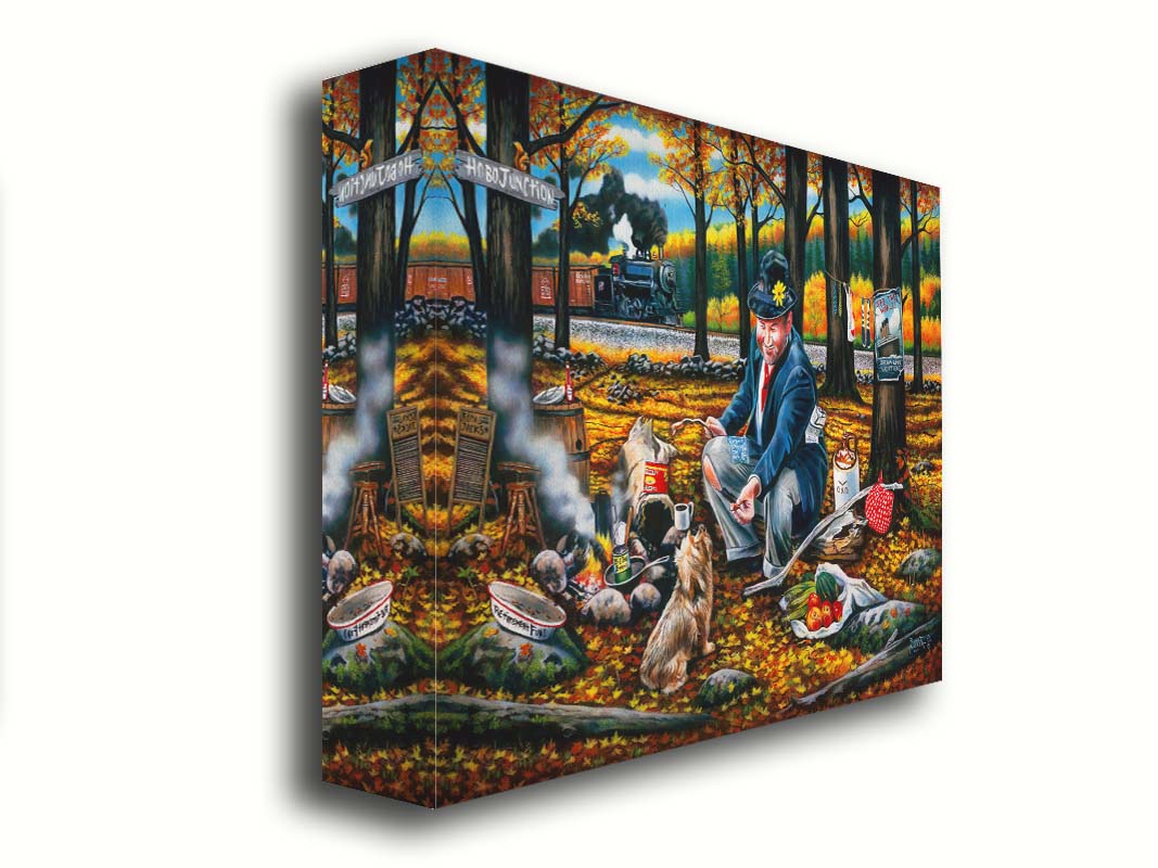 A painting of a man sitting on a log at a campfire in the woods strewn with fall leaves. He is feeding a little dog. A train is passing in the background. Printed on canvas.