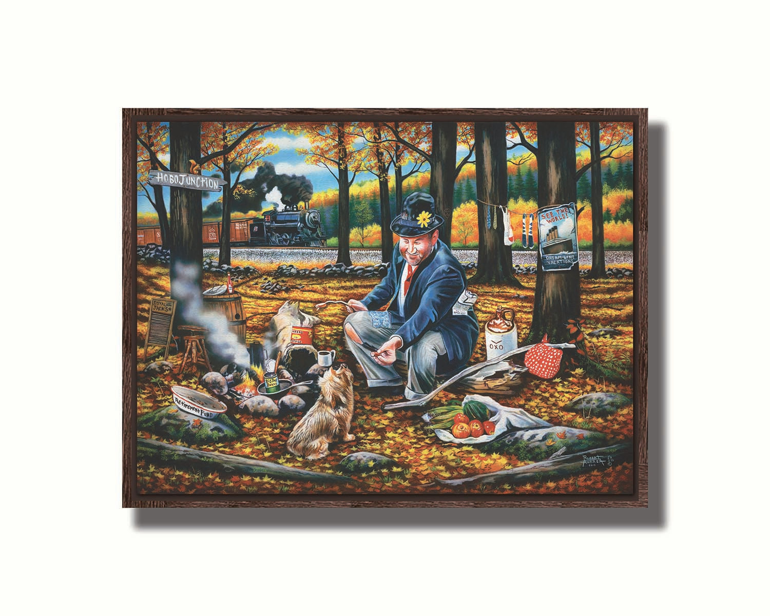 A painting of a man sitting on a log at a campfire in the woods strewn with fall leaves. He is feeding a little dog. A train is passing in the background. Printed on canvas in a float frame.