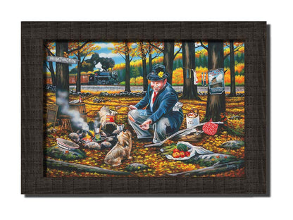 A painting of a man sitting on a log at a campfire in the woods strewn with fall leaves. He is feeding a little dog. A train is passing in the background. Printed on canvas and framed.