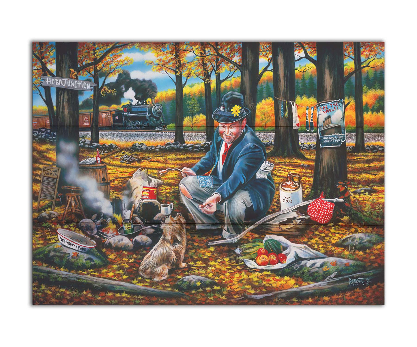 A painting of a man sitting on a log at a campfire in the woods strewn with fall leaves. He is feeding a little dog. A train is passing in the background. Printed on a box board.