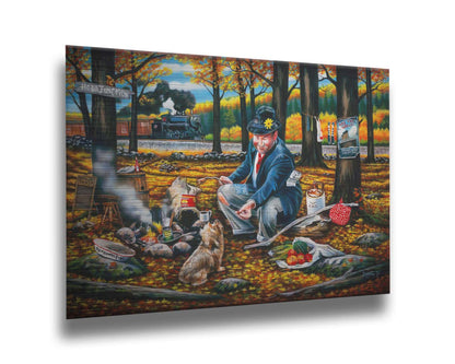 A painting of a man sitting on a log at a campfire in the woods strewn with fall leaves. He is feeding a little dog. A train is passing in the background. Printed on metal.