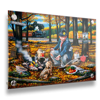 A painting of a man sitting on a log at a campfire in the woods strewn with fall leaves. He is feeding a little dog. A train is passing in the background. Printed on acrylic.