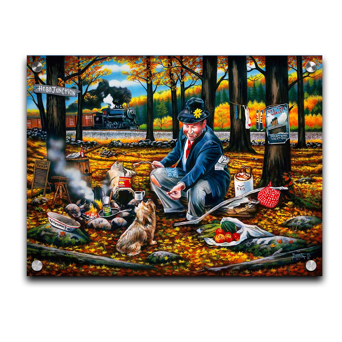 A painting of a man sitting on a log at a campfire in the woods strewn with fall leaves. He is feeding a little dog. A train is passing in the background. Printed on acrylic.