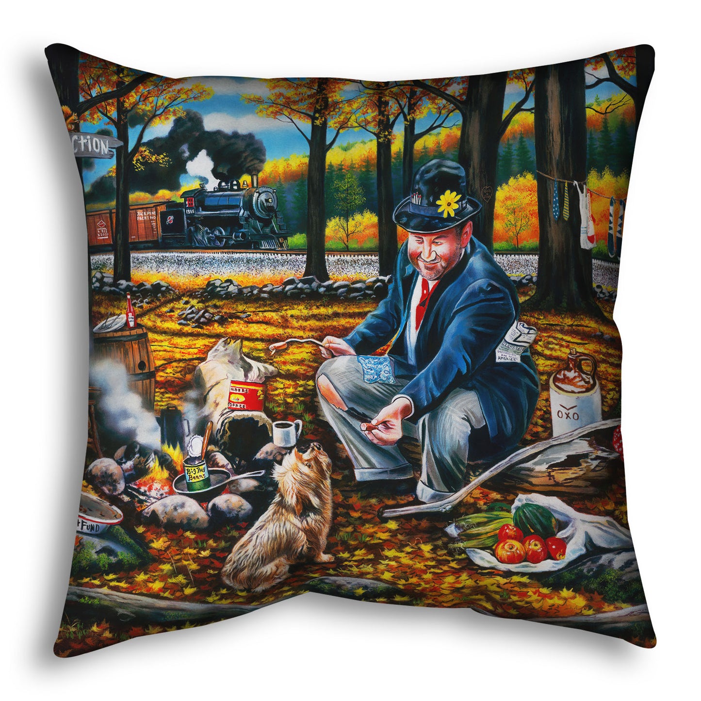 A throw pillow designed after a painting of a man sitting on a log at a campfire in the woods strewn with fall leaves. He is feeding a little dog. A train is passing in the background.