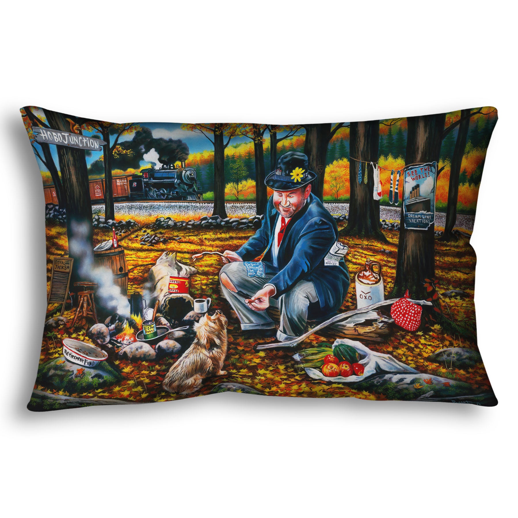 A throw pillow designed after a painting of a man sitting on a log at a campfire in the woods strewn with fall leaves. He is feeding a little dog. A train is passing in the background.