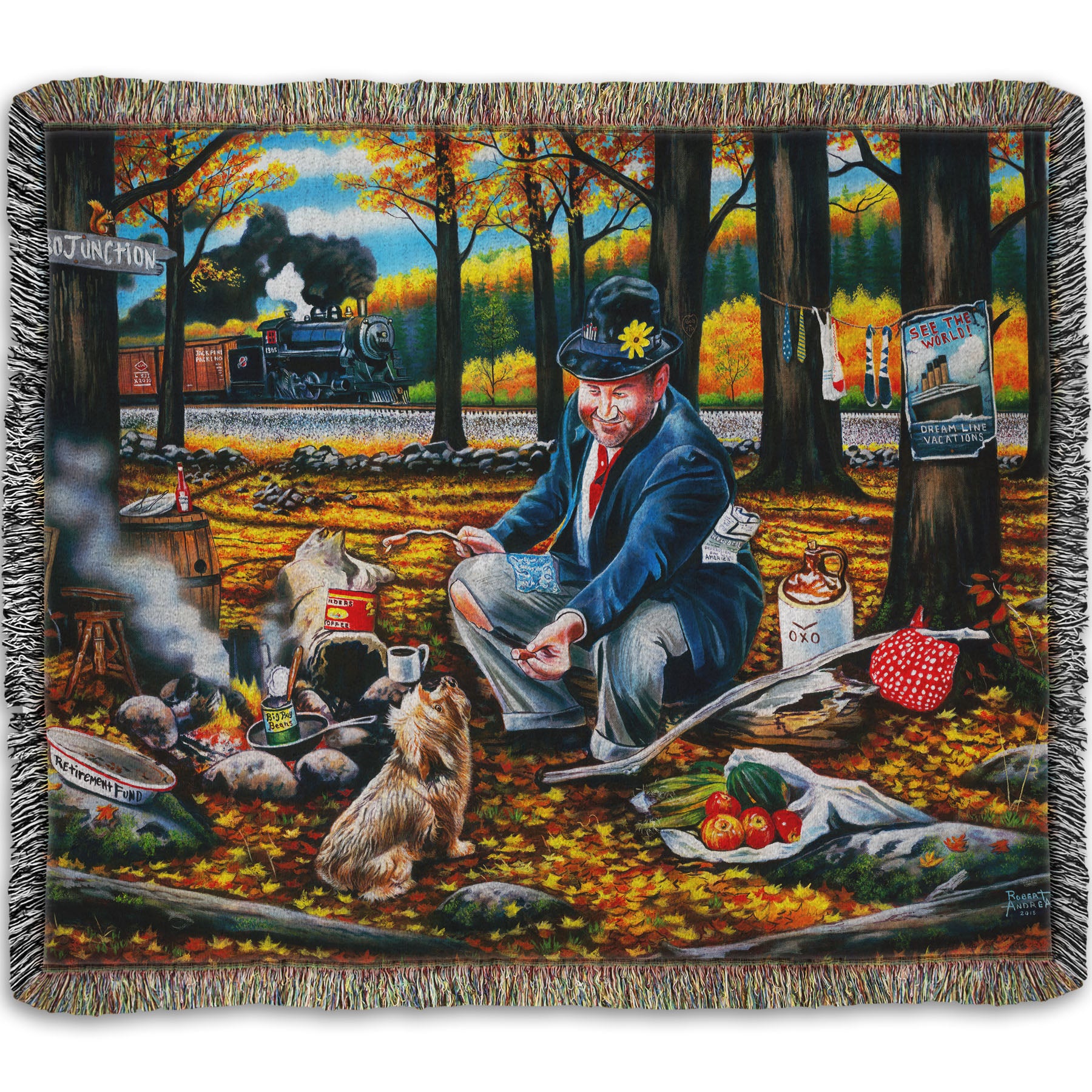 A woven throw blanket designed after a painting of a man sitting on a log at a campfire in the woods strewn with fall leaves. He is feeding a little dog. A train is passing in the background.