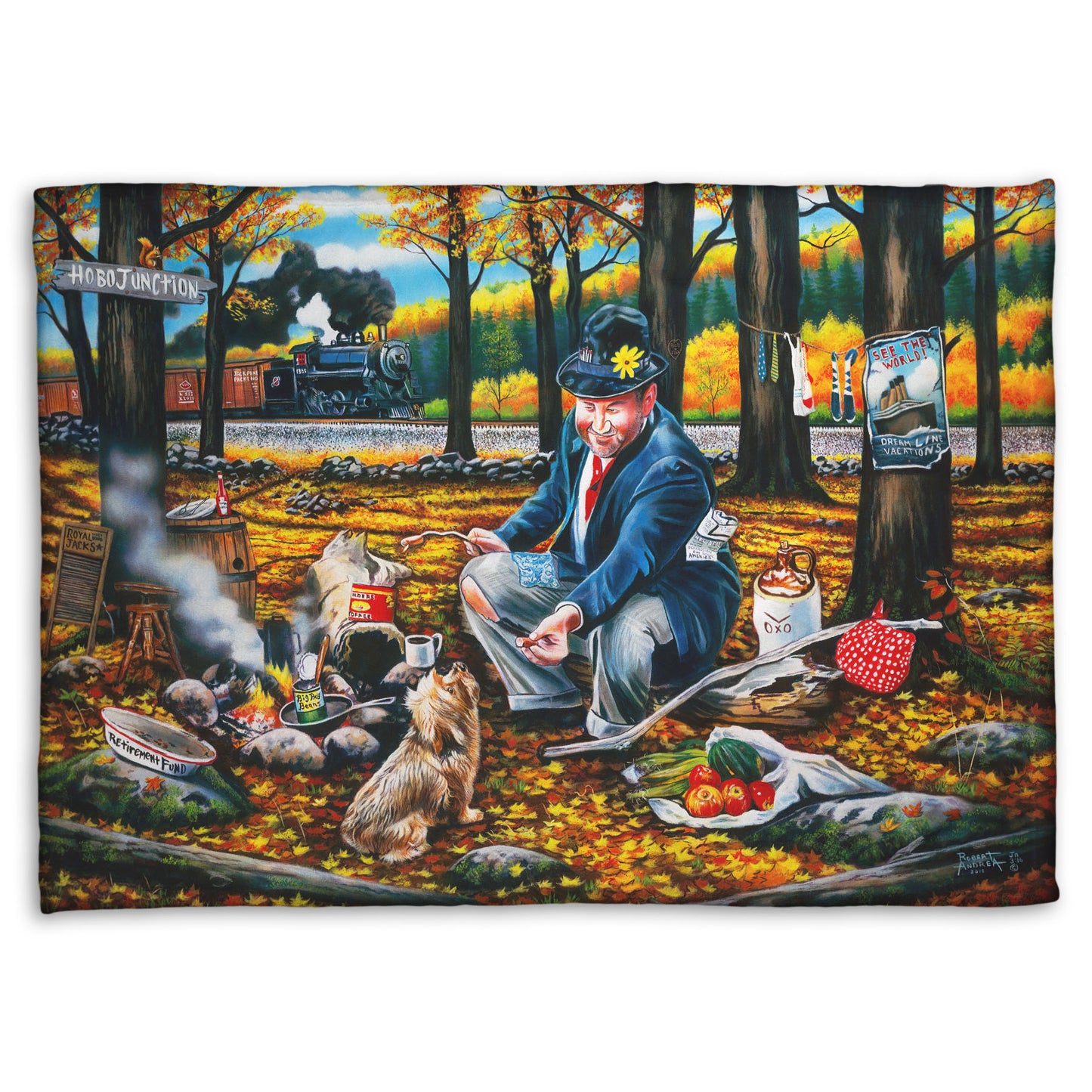 A coral fleece throw blanket designed after a painting of a man sitting on a log at a campfire in the woods strewn with fall leaves. He is feeding a little dog. A train is passing in the background.