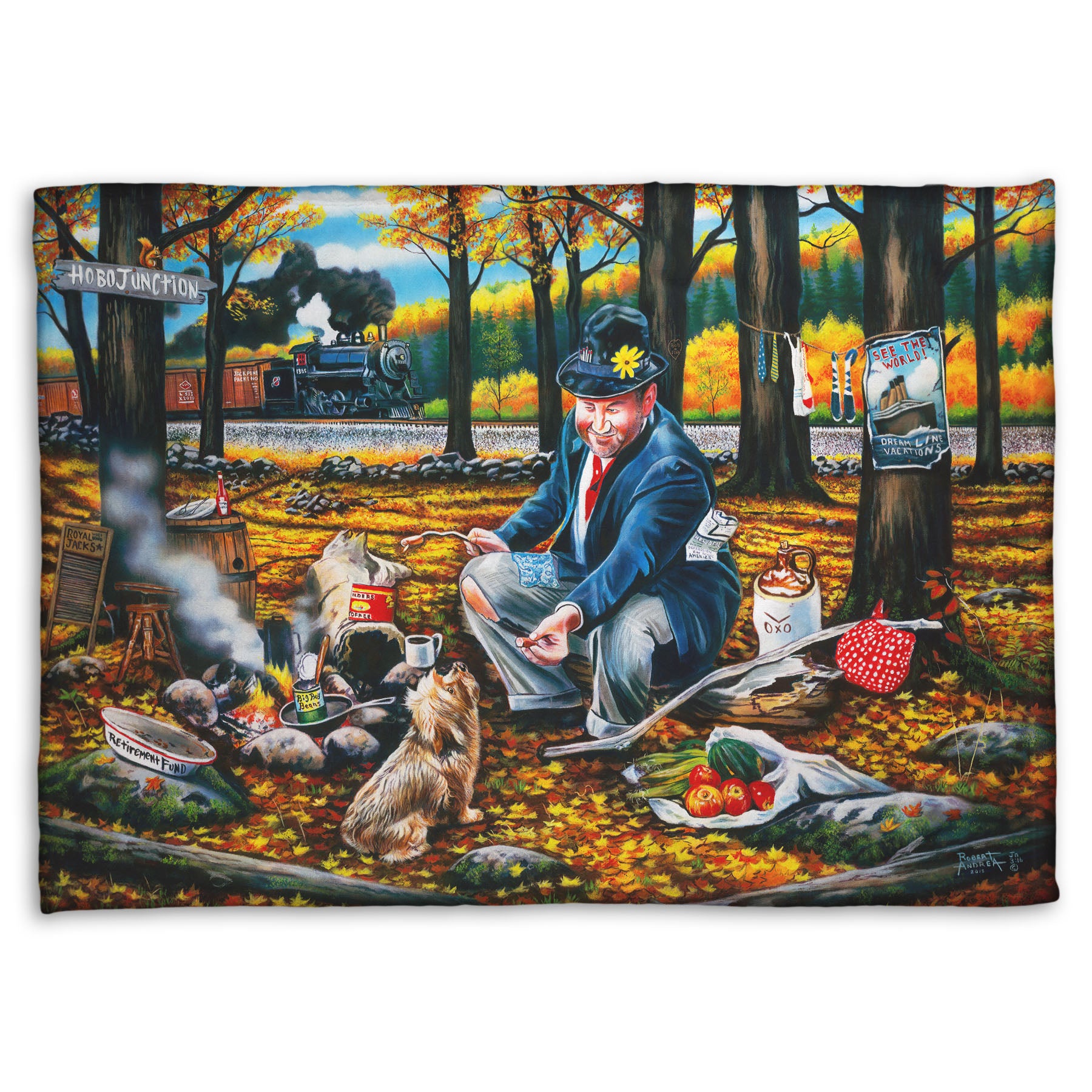 A coral fleece throw blanket designed after a painting of a man sitting on a log at a campfire in the woods strewn with fall leaves. He is feeding a little dog. A train is passing in the background.