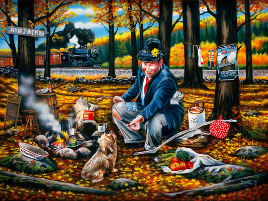A painting of a man sitting on a log at a campfire in the woods strewn with fall leaves. He is feeding a little dog. A train is passing in the background.