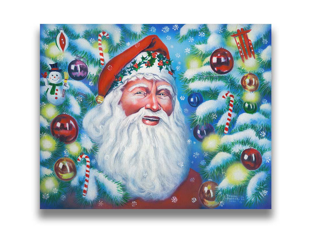 A painting of Santa Claus, bordered by Christmas Trees decorated in lights and baubles. Printed on canvas.