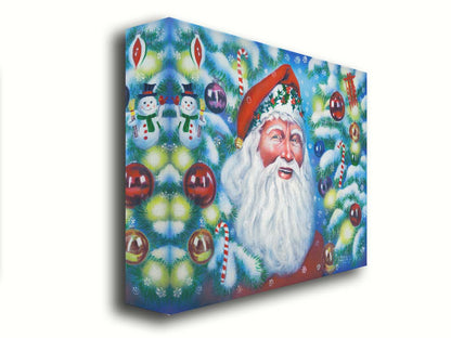 A painting of Santa Claus, bordered by Christmas Trees decorated in lights and baubles. Printed on canvas.