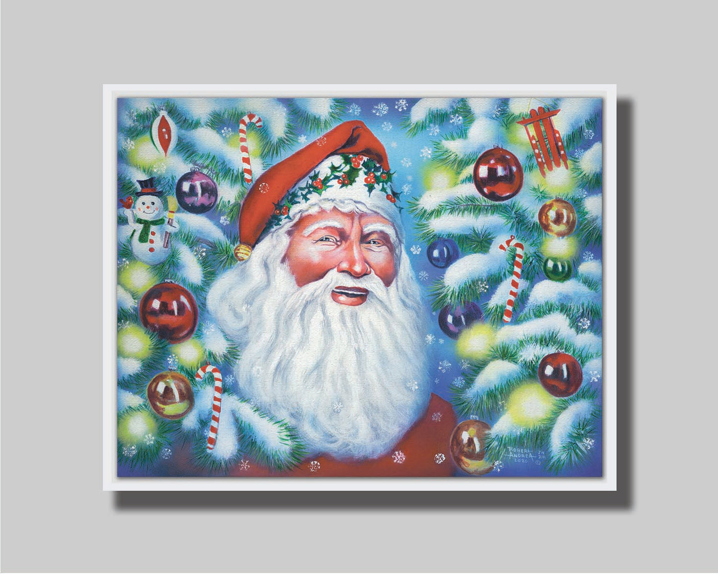 A painting of Santa Claus, bordered by Christmas Trees decorated in lights and baubles. Printed on canvas in a float frame.