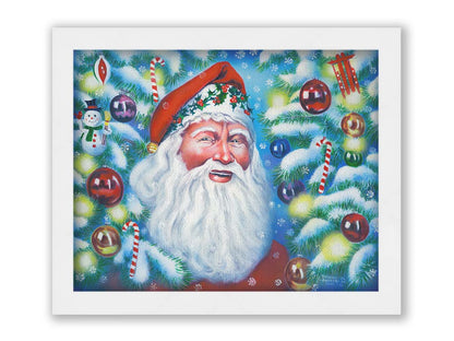 A painting of Santa Claus, bordered by Christmas Trees decorated in lights and baubles. Printed on canvas and framed.