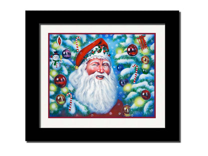 A painting of Santa Claus, bordered by Christmas Trees decorated in lights and baubles. Printed on paper, matted, and framed.