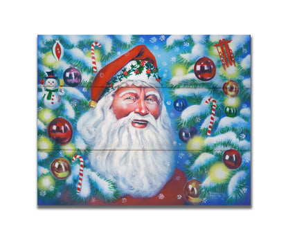 A painting of Santa Claus, bordered by Christmas Trees decorated in lights and baubles. Printed on a box board.