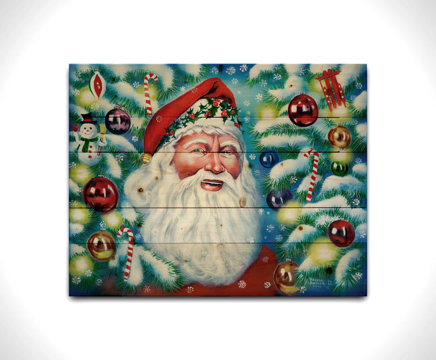 A painting of Santa Claus, bordered by Christmas Trees decorated in lights and baubles. Printed on a wood pallet.