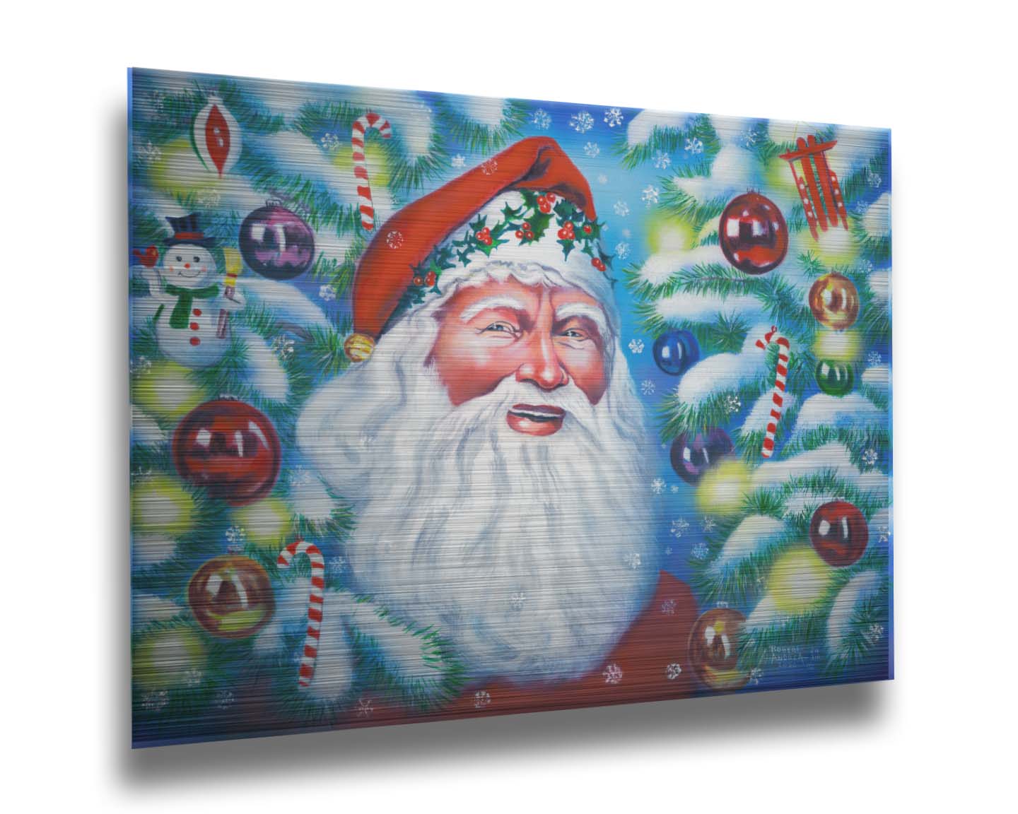 A painting of Santa Claus, bordered by Christmas Trees decorated in lights and baubles. Printed on metal.