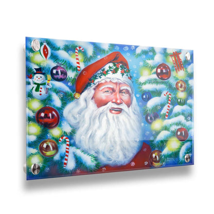 A painting of Santa Claus, bordered by Christmas Trees decorated in lights and baubles. Printed on acrylic.