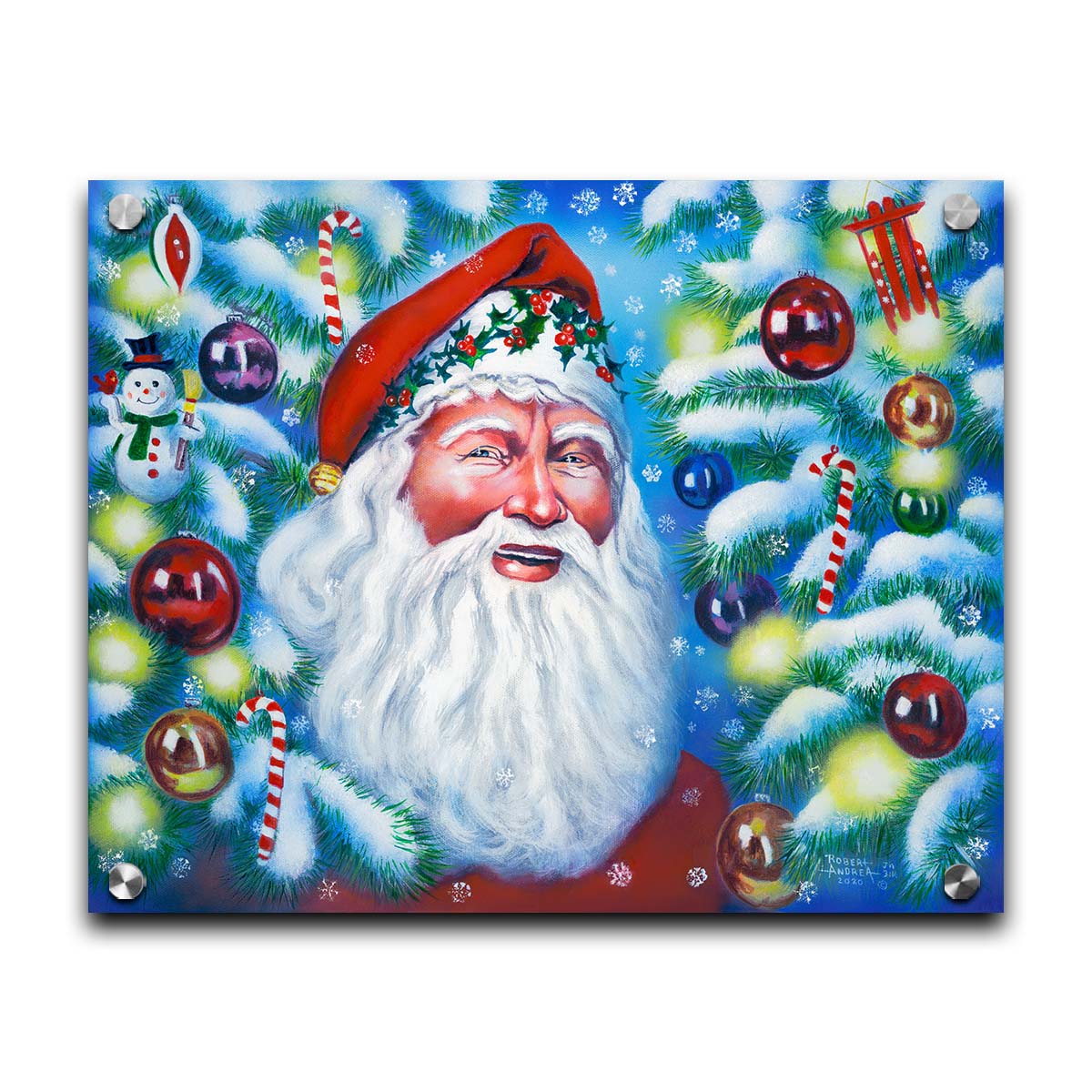 A painting of Santa Claus, bordered by Christmas Trees decorated in lights and baubles. Printed on acrylic.