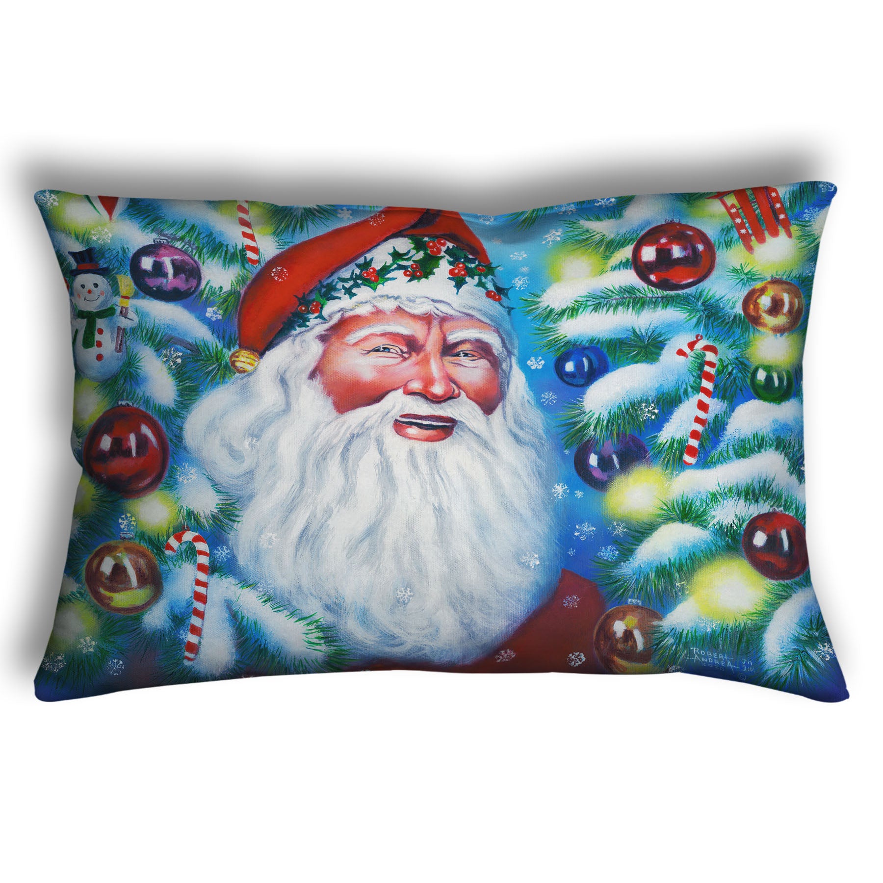 A throw pillow printed with a painting of Santa Claus, bordered by Christmas Trees decorated in lights and baubles.