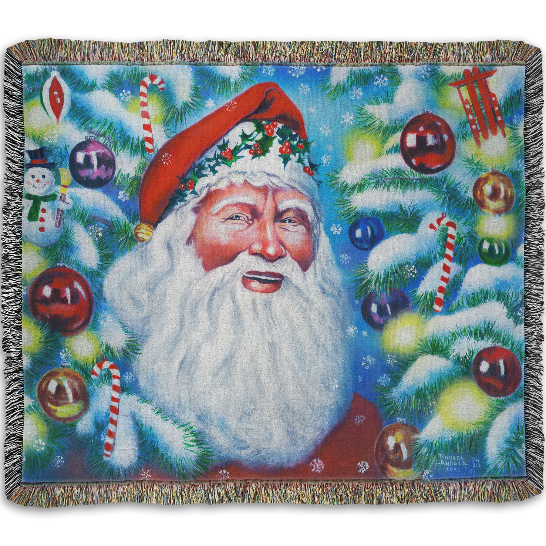 A blanket woven with a painting of Santa Claus, bordered by Christmas Trees decorated in lights and baubles.