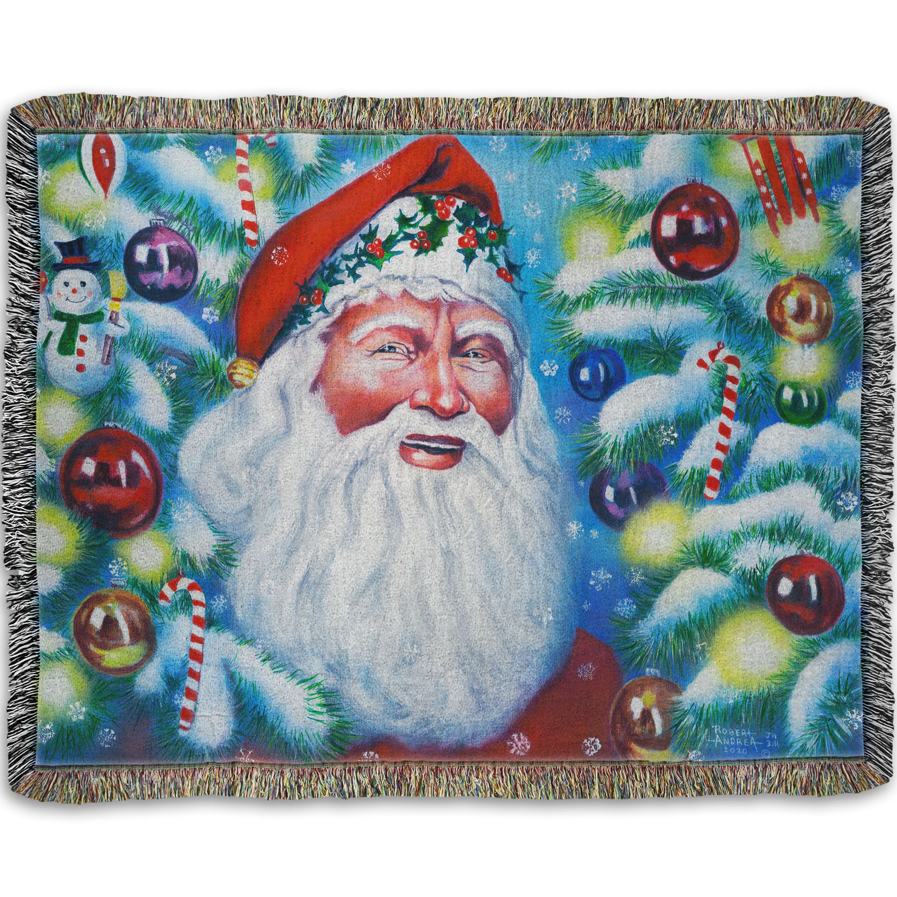 A blanket woven with a painting of Santa Claus, bordered by Christmas Trees decorated in lights and baubles.