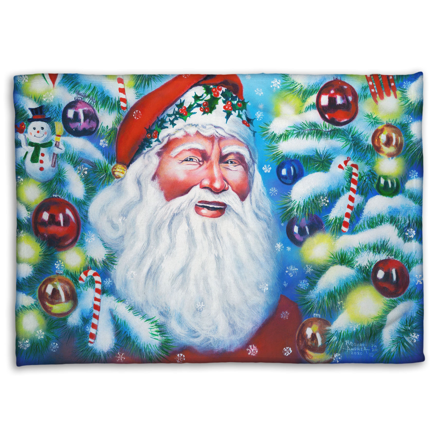 A coral fleece blanket printed with a painting of Santa Claus, bordered by Christmas Trees decorated in lights and baubles.