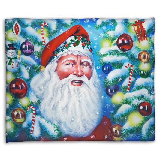 A coral fleece blanket printed with a painting of Santa Claus, bordered by Christmas Trees decorated in lights and baubles.