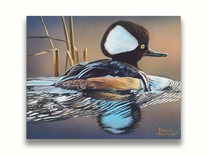 A painting of a hooded merganser duck, floating on the water with its reflection rippling below. Printed on canvas.