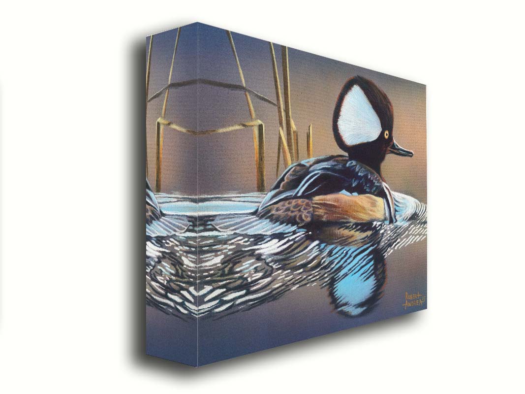 A painting of a hooded merganser duck, floating on the water with its reflection rippling below. Printed on canvas.