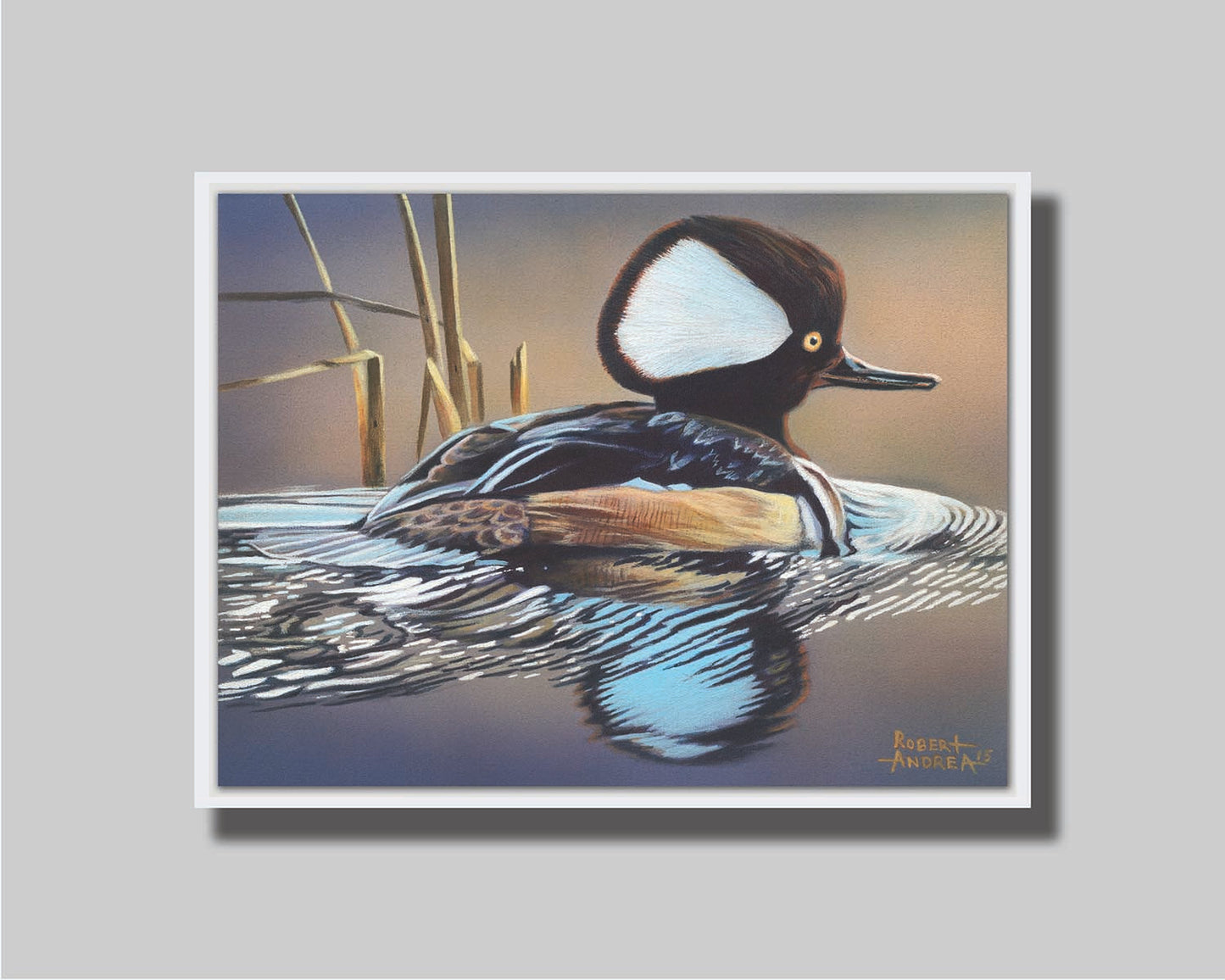 A painting of a hooded merganser duck, floating on the water with its reflection rippling below. Printed on canvas in a float frame.