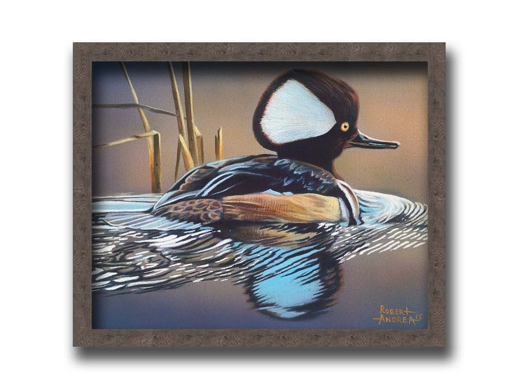 A painting of a hooded merganser duck, floating on the water with its reflection rippling below. Printed on canvas and framed.