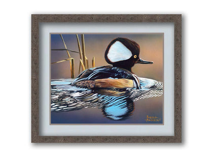 A painting of a hooded merganser duck, floating on the water with its reflection rippling below. Printed on paper, matted, and framed.