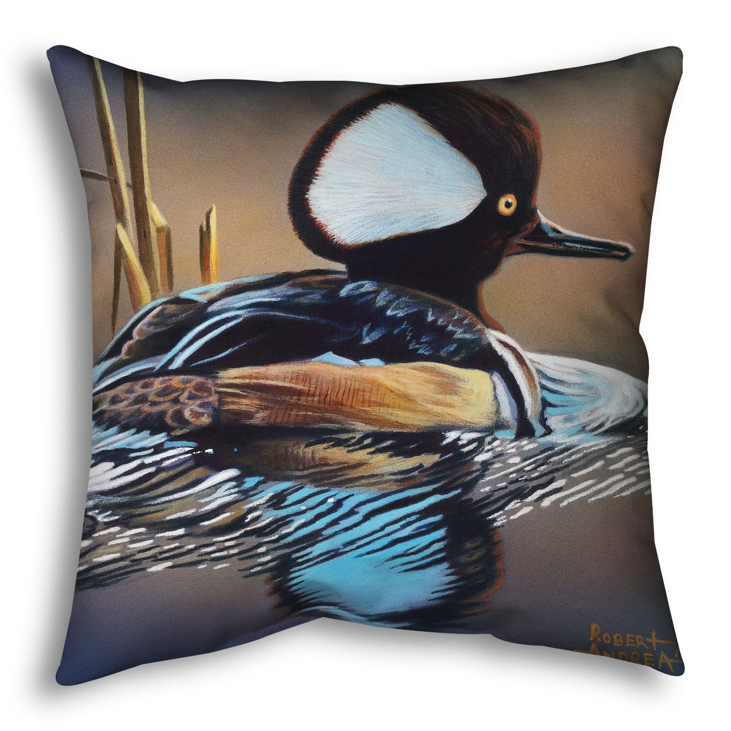 A throw pillow decorated with the design of a hooded merganser duck, floating on the water with its reflection rippling below.