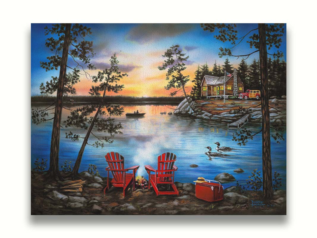 A painting of a lake at sunset, with a campfire in the foreground. Two loons drift across the water, as well as two fishers. Printed on canvas.