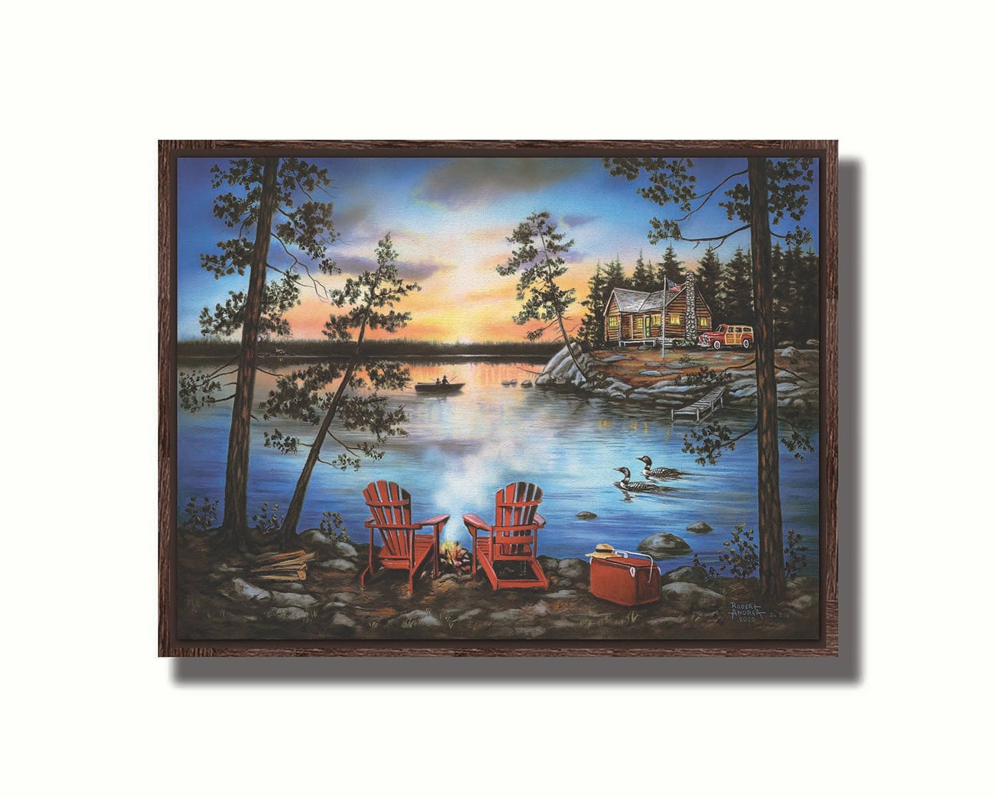 A painting of a lake at sunset, with a campfire in the foreground. Two loons drift across the water, as well as two fishers. Printed on canvas in a float frame.