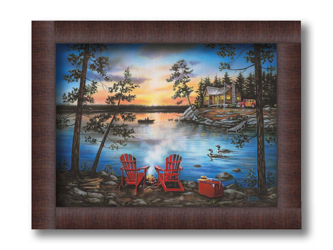 A painting of a lake at sunset, with a campfire in the foreground. Two loons drift across the water, as well as two fishers. Printed on canvas and framed.