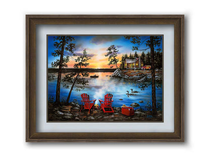 A painting of a lake at sunset, with a campfire in the foreground. Two loons drift across the water, as well as two fishers. Printed on paper, matted, and framed.