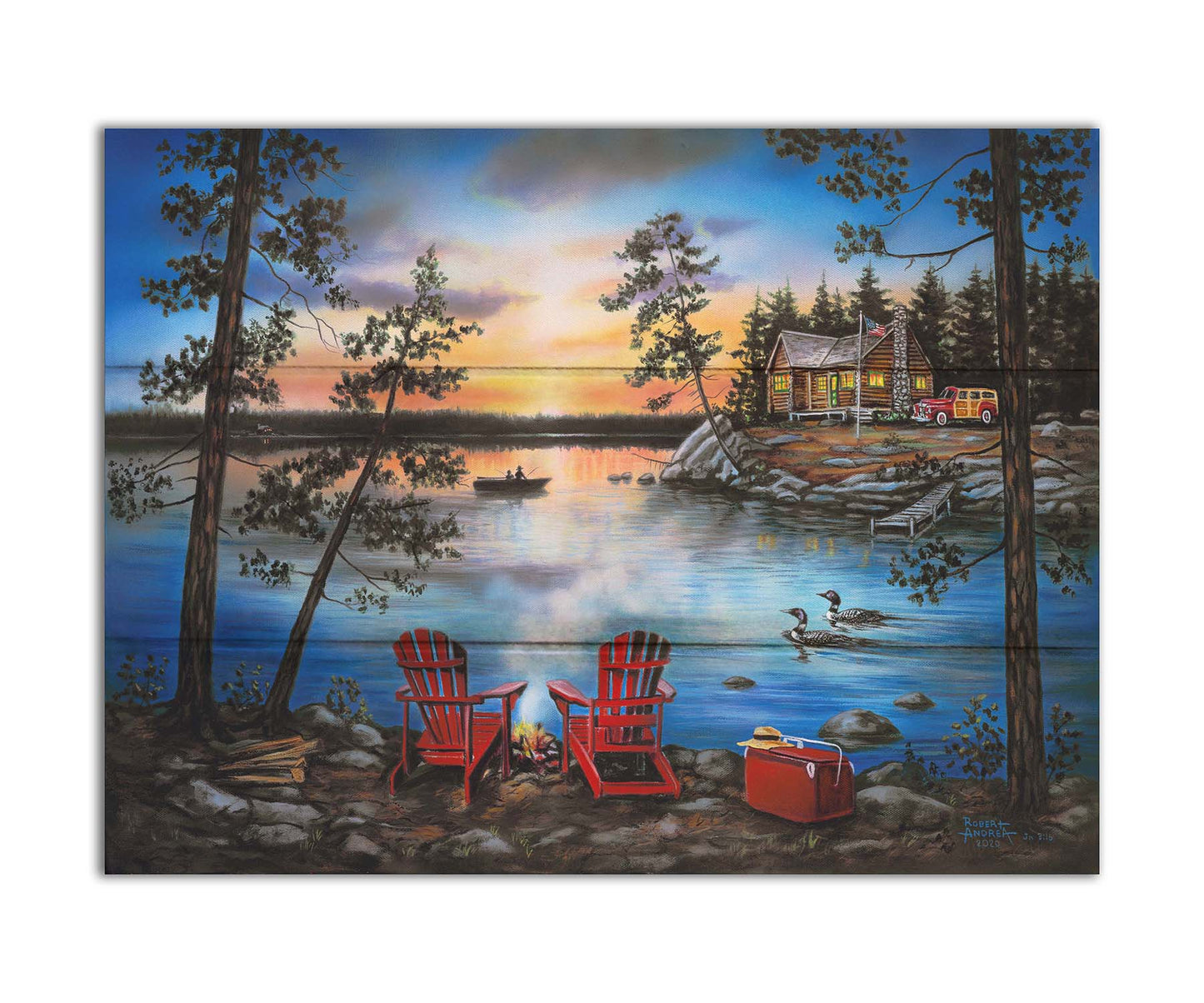 A painting of a lake at sunset, with a campfire in the foreground. Two loons drift across the water, as well as two fishers. Printed on a box board.