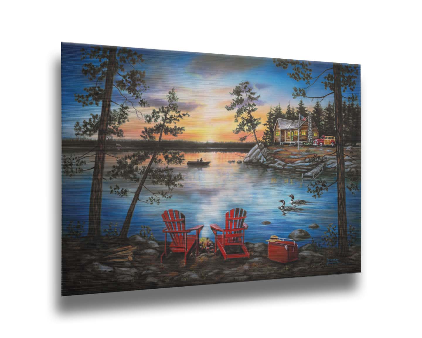 A painting of a lake at sunset, with a campfire in the foreground. Two loons drift across the water, as well as two fishers. Printed on metal.