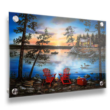 A painting of a lake at sunset, with a campfire in the foreground. Two loons drift across the water, as well as two fishers. Printed on acrylic.