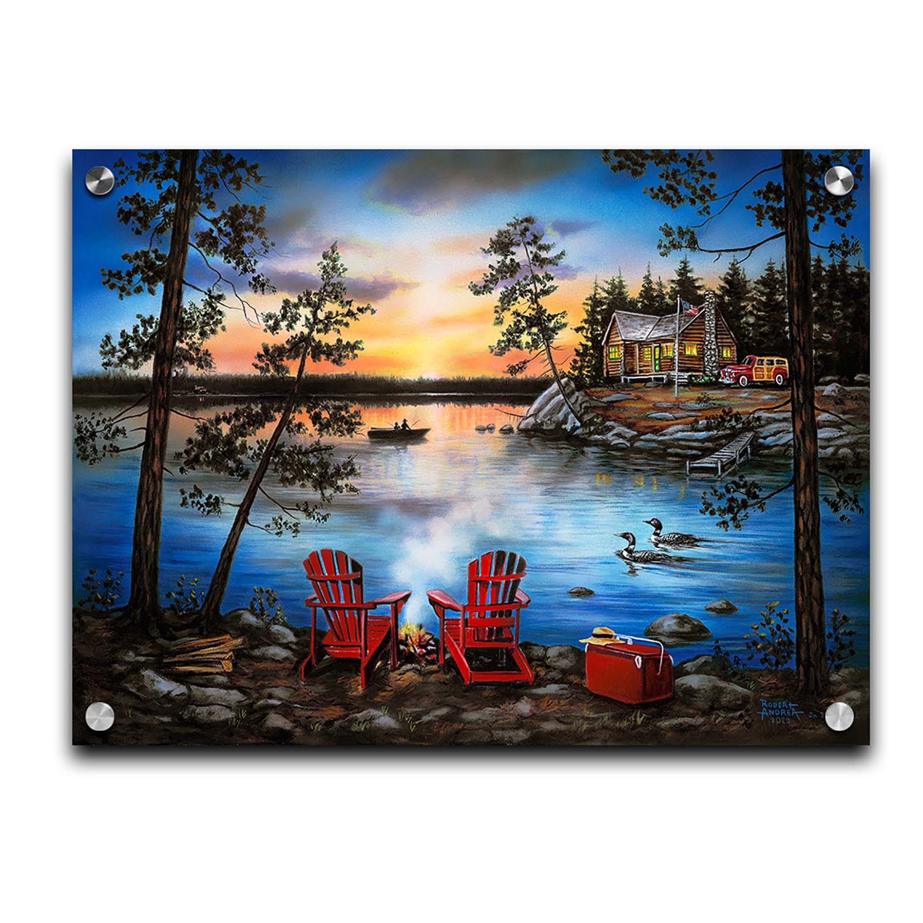 A painting of a lake at sunset, with a campfire in the foreground. Two loons drift across the water, as well as two fishers. Printed on acrylic.