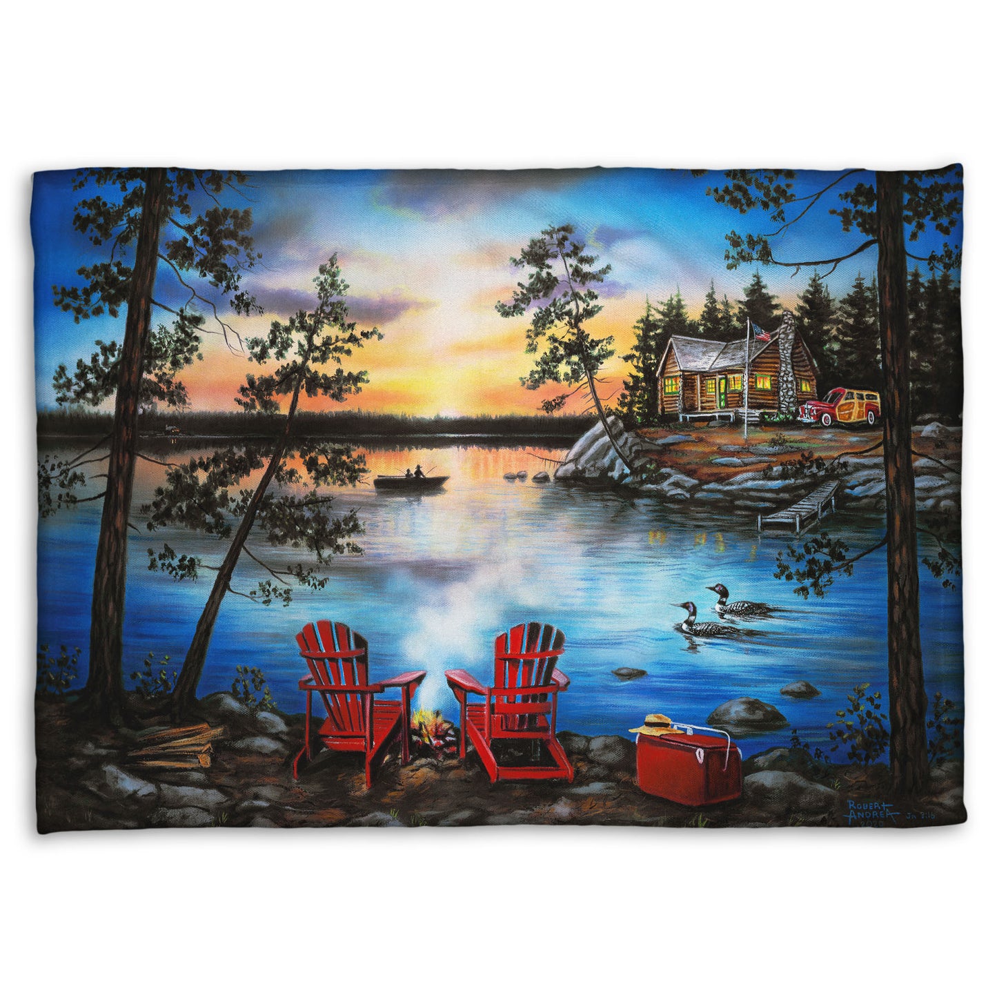 A coral fleece throw blanket designed after a painting of a lake at sunset, with a campfire in the foreground. Two loons drift across the water, as well as two fishers.