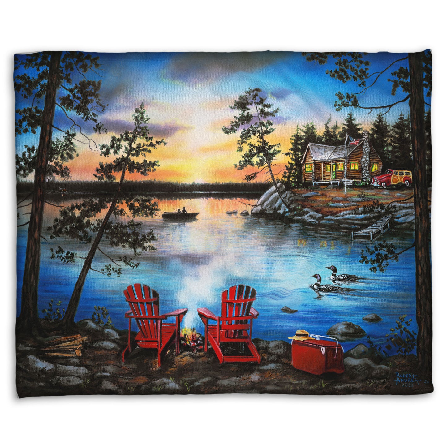 A coral fleece throw blanket designed after a painting of a lake at sunset, with a campfire in the foreground. Two loons drift across the water, as well as two fishers.