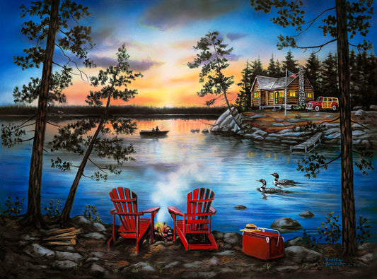 A painting of a lake at sunset, with a campfire in the foreground. Two loons drift across the water, as well as two fishers.